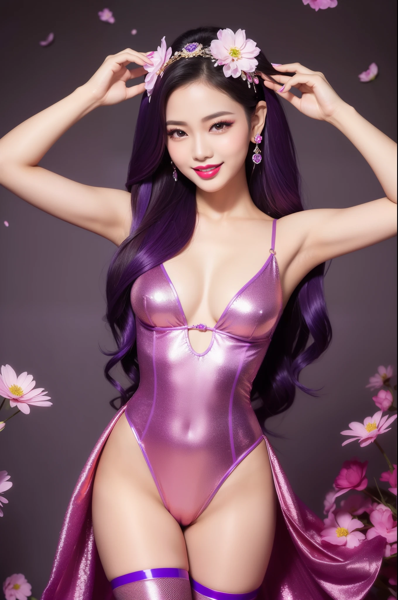 sexy Thai model who controls poison、beautiful smile、lip-gloss、bold lipstick、intense makeup、look at the camera、full body Esbian、、sparkling poisoned flower costume、、、、sparkling Colorful hair、secrete poison、skull hair accessories、sexy tights、shiny sparkling flowers background