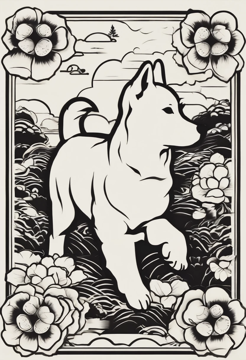 You are a professional creator.
Please create an icon of a dog's paw print, as if drawn with ink.
Absolutely no text should be included.
Create an image of a Shiba Inu's paw print with a traditional Japanese-style design.
The image should have very delicate quality with bold, brushstroke-like black and white monochrome tones.
It should feature a glossy design and be a dynamic representation of a Japanese dog.
