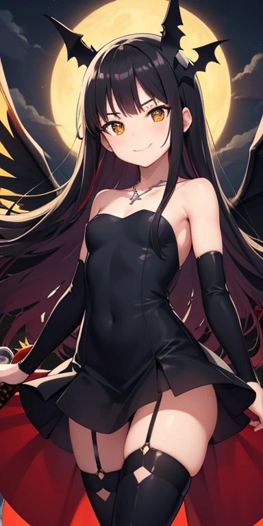 2d, Masterpiece, best quality, anime, Highly detailed face, highly detailed background, perfect light, Spiky bangs, very long hair, round face, innocent face, devilish eyes, yellow eyes, long red-black hair, bright red highlights. Strapless dress, open shoulder, black dress, short skirt, black cloud backdrop, red lightning, medium bust. Hand holding a katana sword, 3 meter long sword, red blade, black stockings, black boots. A smile with fanged corners of his mouth, a strong wind blowing, a necklace of white crosses swaying. Has bat wings on its head, wide angle, night, small, , ready for battle, flying in the sky.