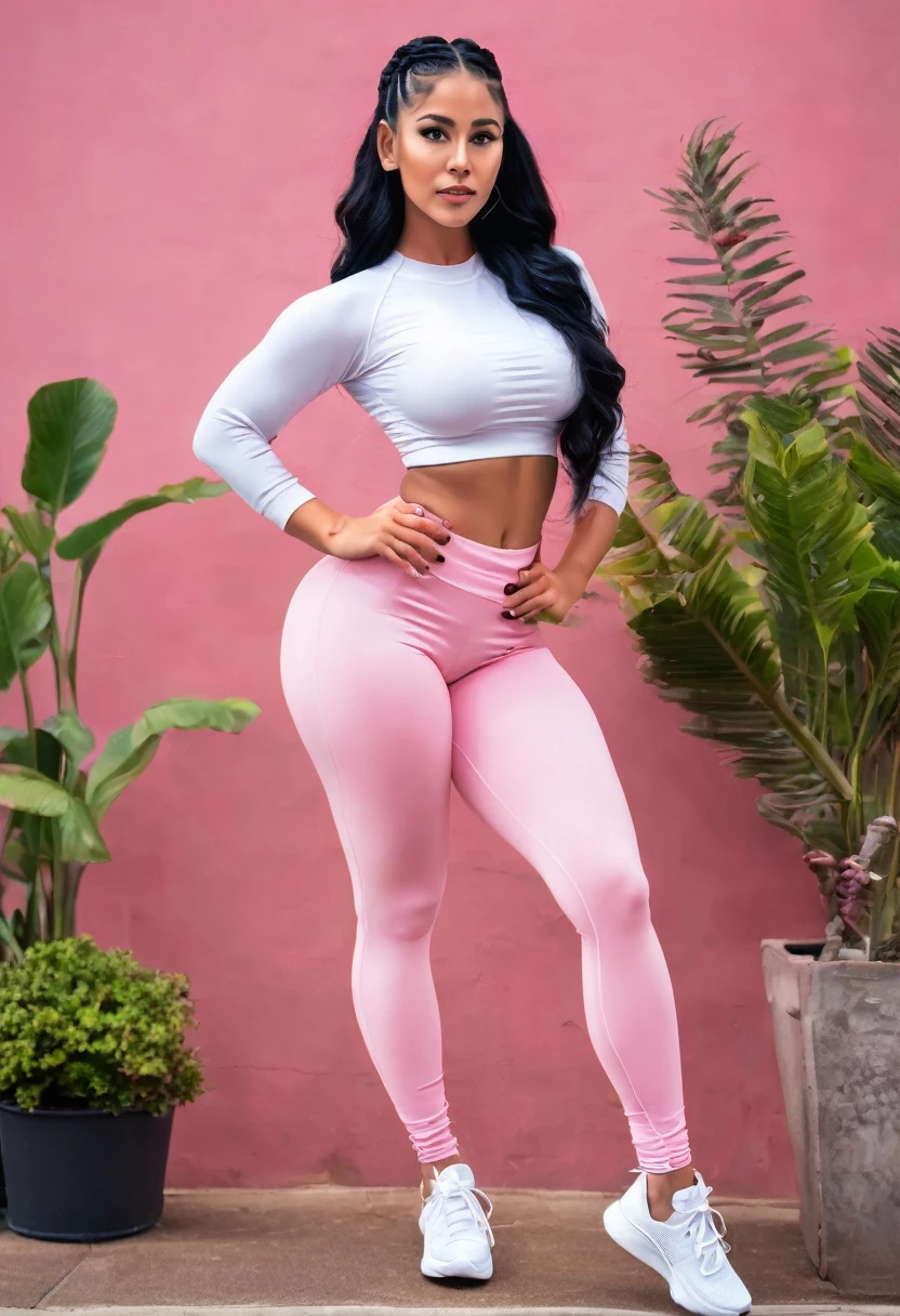 peruvian lady, culona, big legs, small waist, with light pink leggings, black hair, hourglass figure, sexy curves, delgado physique, small stature, braided bun hair