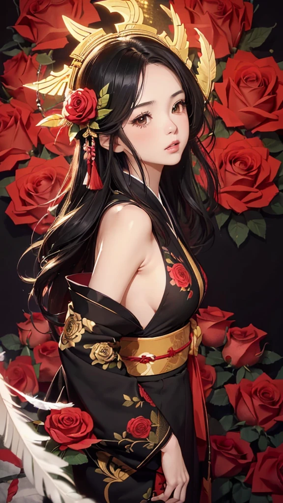 Looking up,Facing forward,Front view,((Highly detailed CG unit 8k wallpaper, masterpiece, High resolution, highest quality, highest qualityのリアルテクスチャスキン)), ((very beautiful woman, Komatsu, Figure with hands in pockets:1.5, plump lips, Japanese pattern haori)), (messy black hair, white skin, small breasts), ((and handle background, Colorful background with roses and feathers、Red and black warm color)), hyper realistic, digital painting, concept art,black&Gold Kimono,Girl looking straight ahead