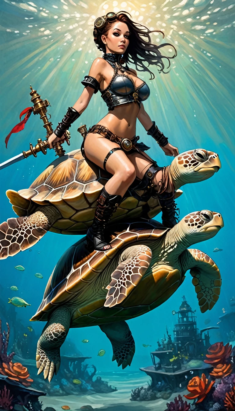 girl standing on top of a turtle, warrior girl, sexy, steampunk armor, riding a turtle, sea (art inspired by mike Mignola, intricate details, oil painted )