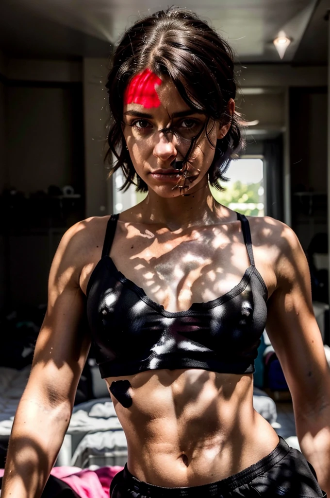 une belle fille, French, black har, slick hair, 4K, Slight depth of field, corps parfaitement ajustée, extremely detailed, realistic, real life, roughness, serious face, regarde droit vers l'objectif, black tank top, in a room, no light effect on face