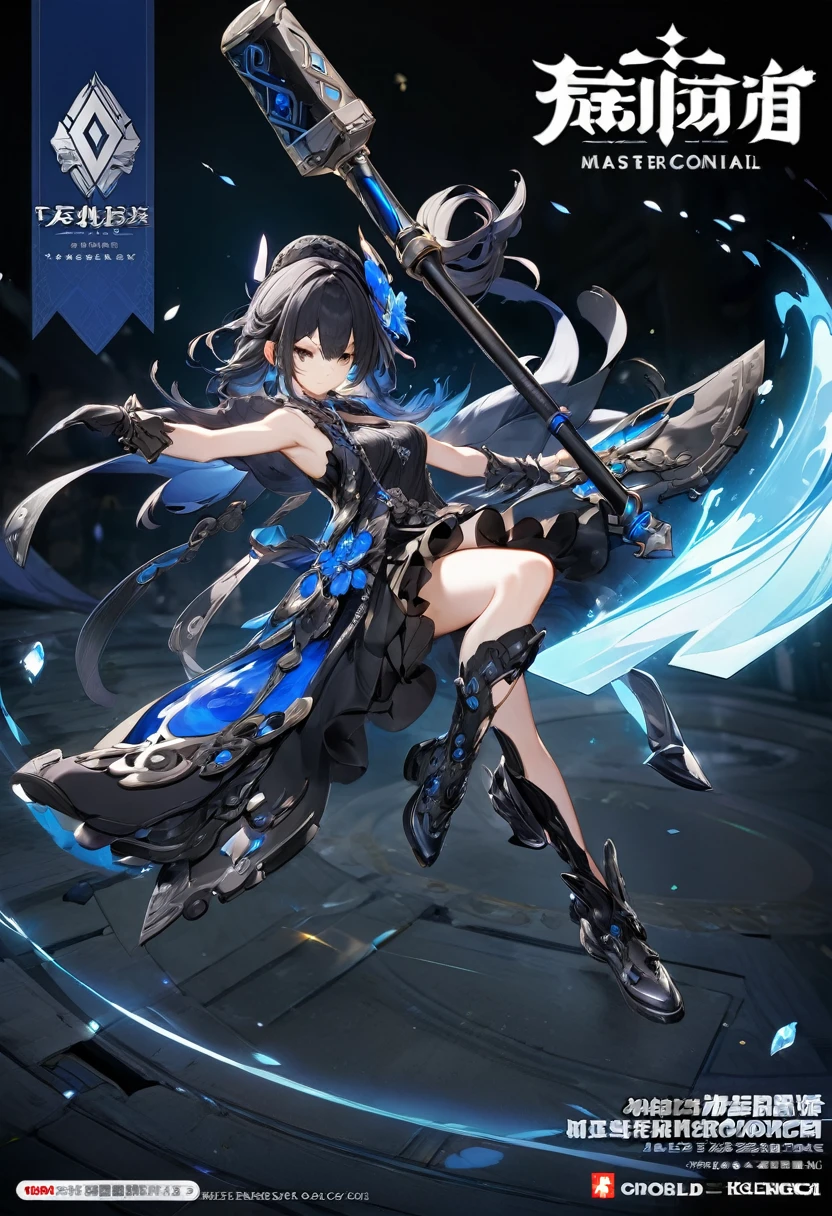 masterpiece, official art, 8k, best quality, highly detailed, 2 handed hammer weapon made of pitch black steel, embedded with blue gems