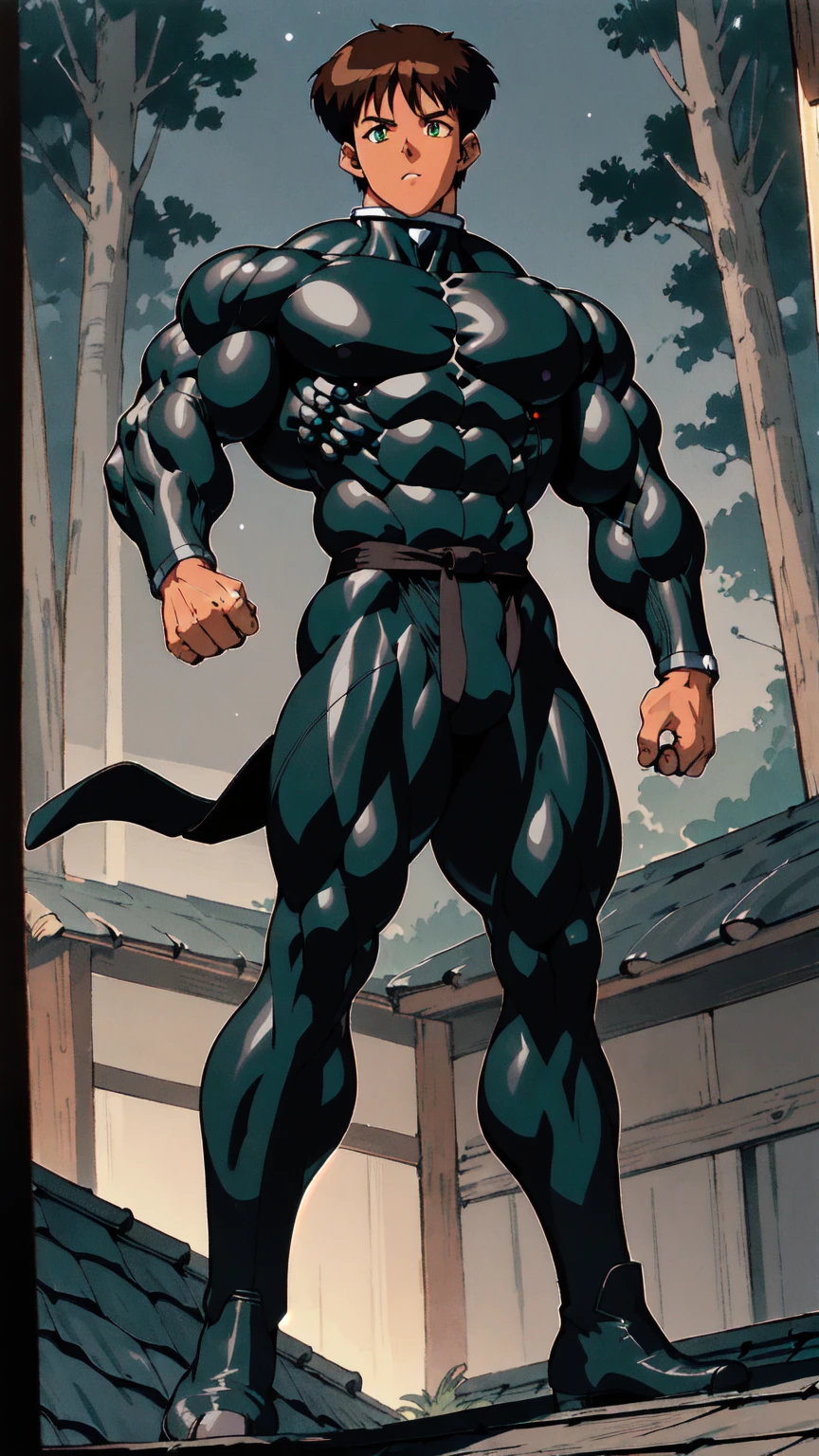 {{{(((24-year-old)))}}}, (big (((dark green eyes))) ), ((tired eyes)), ((relaxed and huge eyes)), (((face similar to Shinji Ikari))), (very short (combed parted) (((very dark brown hair))) ), (wide muscular athletic body), spider-man physique, (big wide muscular trapezius), (big muscular latissimus), muscular lower back, wide torso, big arm muscles, long arms, bulky arms, (wide giant round shoulders), toned abs, toned quadriceps, toned calf muscles, toned hamstring muscles, big muscular legs, bulky legs, firm muscular glutes, light skin, (((doglike))), (((softhearted))), (((socially awkward))), (((sensative))), {{{(((young man)))}}}, (((wearing a ( skintight long sleeve ( (black) shirt) with ( (dark gray) skintight compression pants) ) ))), (((brown (combat boots) ))), (((fighter))), (((bounty hunter))), (((bulge in pants))) , {{{(((character ((bashfully)) doing karate pose)))}}}, {{{(((character in a fantasy forest (village) )))}}}, {{{(((character doing karate on a roof)))}}}, {{{(((night)))}}}, {{{(((great anatomy)))}}}, {{{(((high muscle mass)))}}}, {{{(((well-toned muscles)))}}}, {{{(((well-trained muscles)))}}}, {{{(((best quality)))}}}, {{{(((masterpiece)))}}}, {{{(((wide shot)))}}}, {{{(((90s anime)))}}}