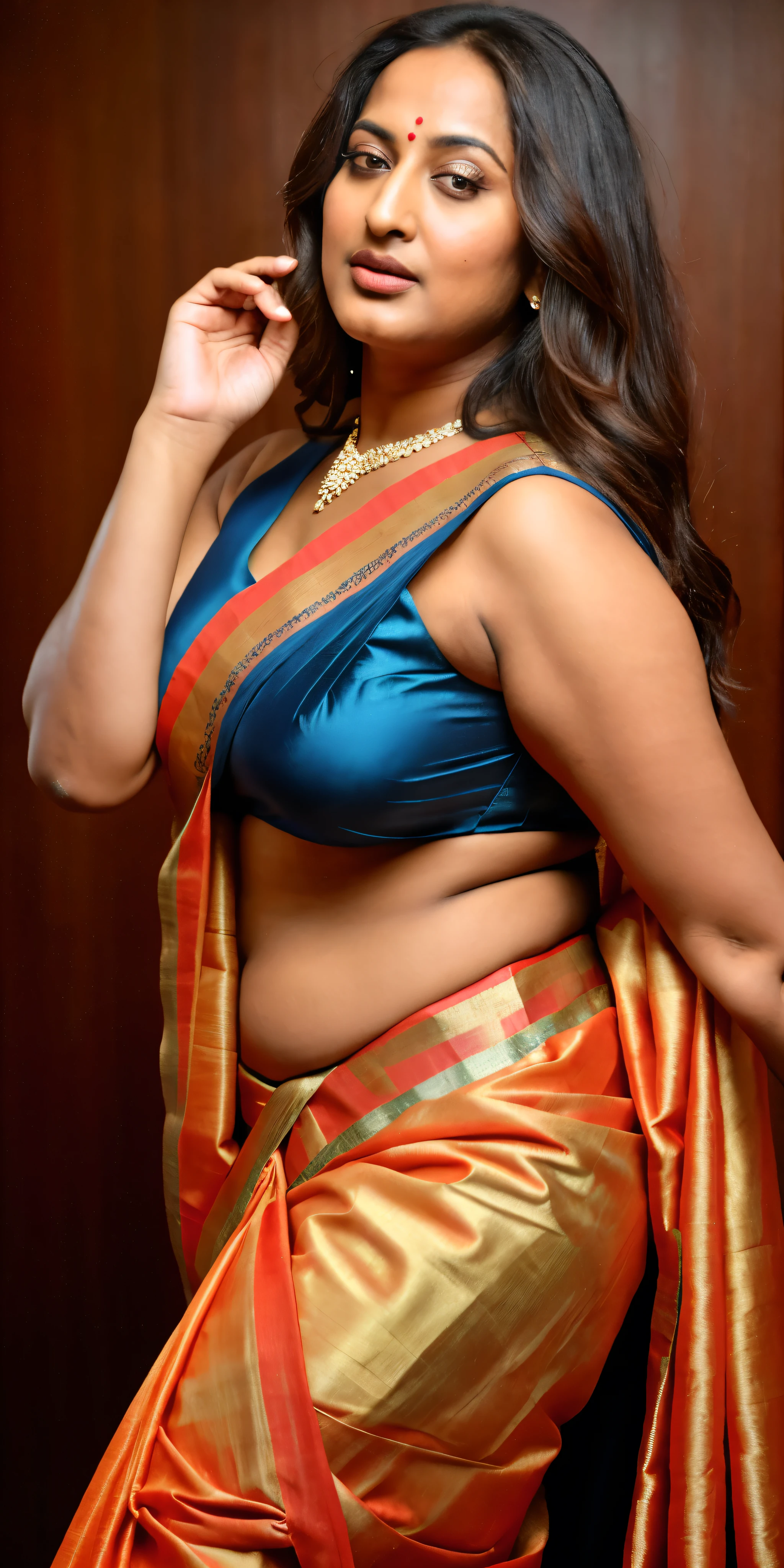 Foto RAW, photorealistic, photography, full body shot, 50 years old Woman, master shot, perfect eyes, goddess like beauty, pierced eyes, perfect thick chubby mallu Desi aunty bhabhi, Wearing a Stanapatta, a chest-band.Saree model, model Photography, Indian saree shoot, Indian traditional wear advertising photography, traditional wear brand shoot, face of Indian actress Sonakshi Sinha, masterpiece, realistic, realism, incredible details, pleasure, photorealism, detailed skin, skin pores, high contrast, photorealistic Artstation 8k HD digital art trend of high definition and detailed realistic skin texture, ultra detail, realistic skin texture, armature, best quality, ultra high definition, (photorealistic:1.4),, high resolution, detail, raw photo, sweat, Re sharp, by Lee Jefferies Nikon D850 Film Stock Photo 4 Kodak Portra 400 Camera F1.6 Lens Rich Color Ultra Real Realistic Realistic Textures Dramatic Lighting Unreal Engine Trending at Art Station Cinestill 800,(pele altamente detalhada: 1.2), 8k UHD, DSLR, soft-lighting, alta qualidade, grain of film, Fujifilm XT3,she didn't like to wear blouse or bra, she is happy to wear only saree, she hates blouse or bra, detailed hairy armpits, hyper realistic skin, skin pores, sweat, veins, short hairs on armpit, stubble armpits, hyper realistic hairy armpits, low waist saree,