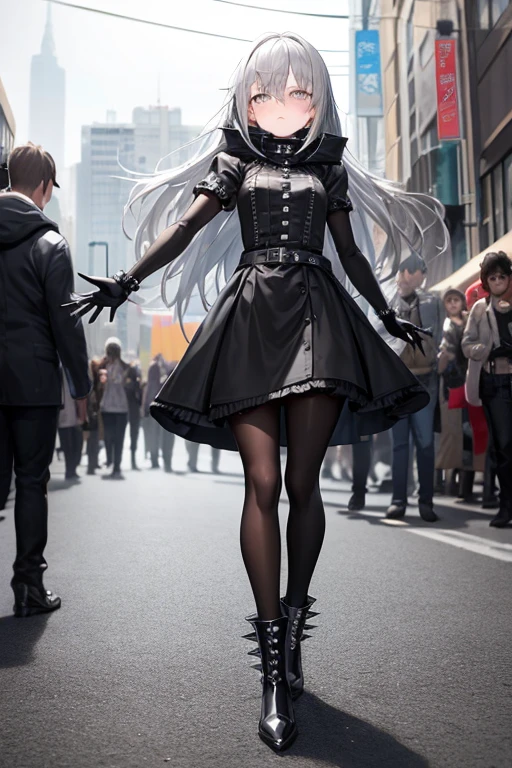 ((best quality)), ((masterpiece)), (detailed), 1 girl, Full body, 18 years old, Depressed face, Silver eyes, Arms outstretched, Arms behind waist, Metal covering her eyes, Eyes covered, Blushing, Silver hair, Straight hair, Bangs, Strand of hair covering her eye, Full body, Small breasts, Slim body, Grey hood, Metal spikes, Grey wristbands, Long black gloves with spikes, Grey goth outfit, Gothic ta, Grey dress with metal spikes, Metal emblem, Tight fitting, Black belt, Metal legs, Black pantyhose, Black boots, Walking through the city, Metal spikes sticking out of the road, City background, Anime