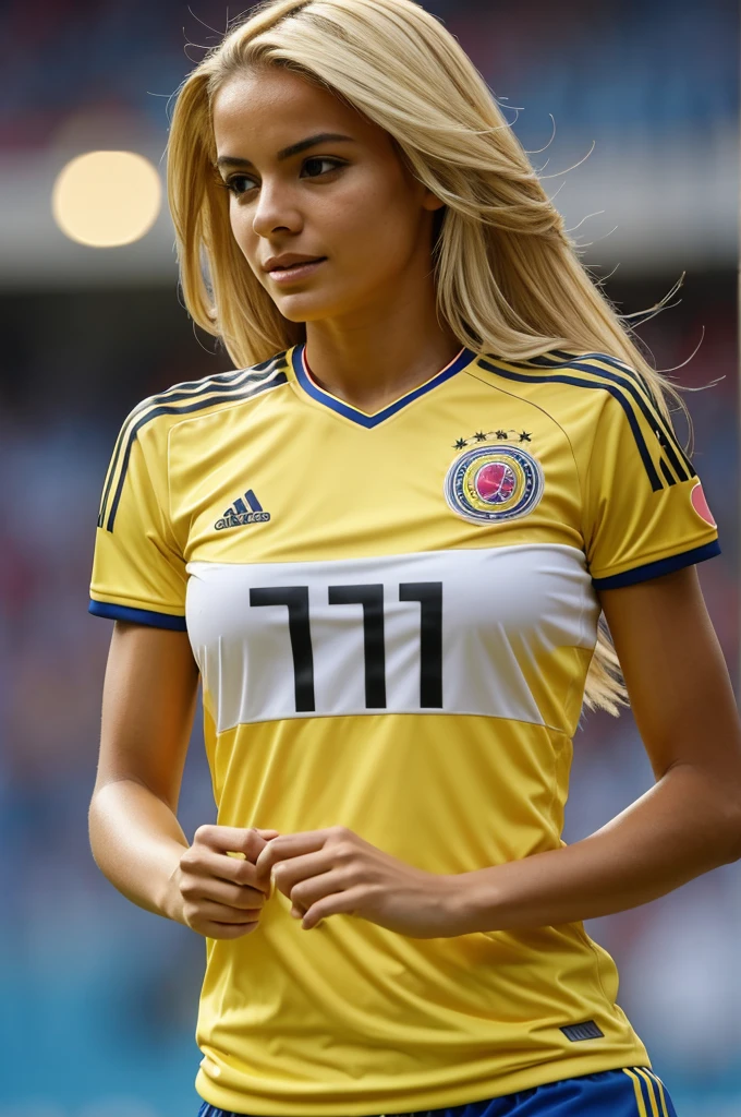 Make an image of a woman with the Colombia shirt with the number 10 and the name Priscila I am blonde