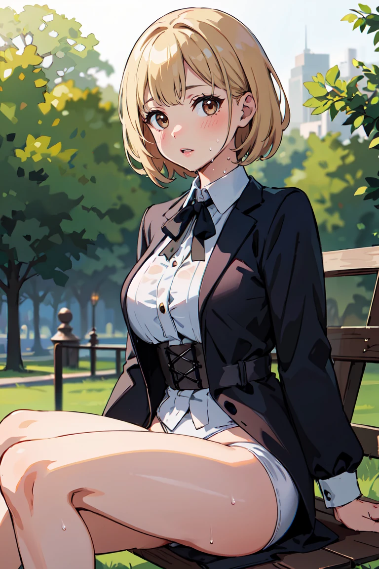 masterpiece, best quality, highly detailed background, perfect lighting, best quality, (extremely detailed face), volumetric lighting, intricate details, shadow, tonemapping, sharp focus, hyper detailed, trending on Artstation, (solo) ((Looking at the viewer)) .Girl with short blond hair.  Brown eyes. curvy. Blush, Clear skin.  Big bust.((Gothic dressed)). ((Sitting in the park reading)) ((Legs open)) ((white underwear)) ((wet vagina)) ((legs open showing vagina))