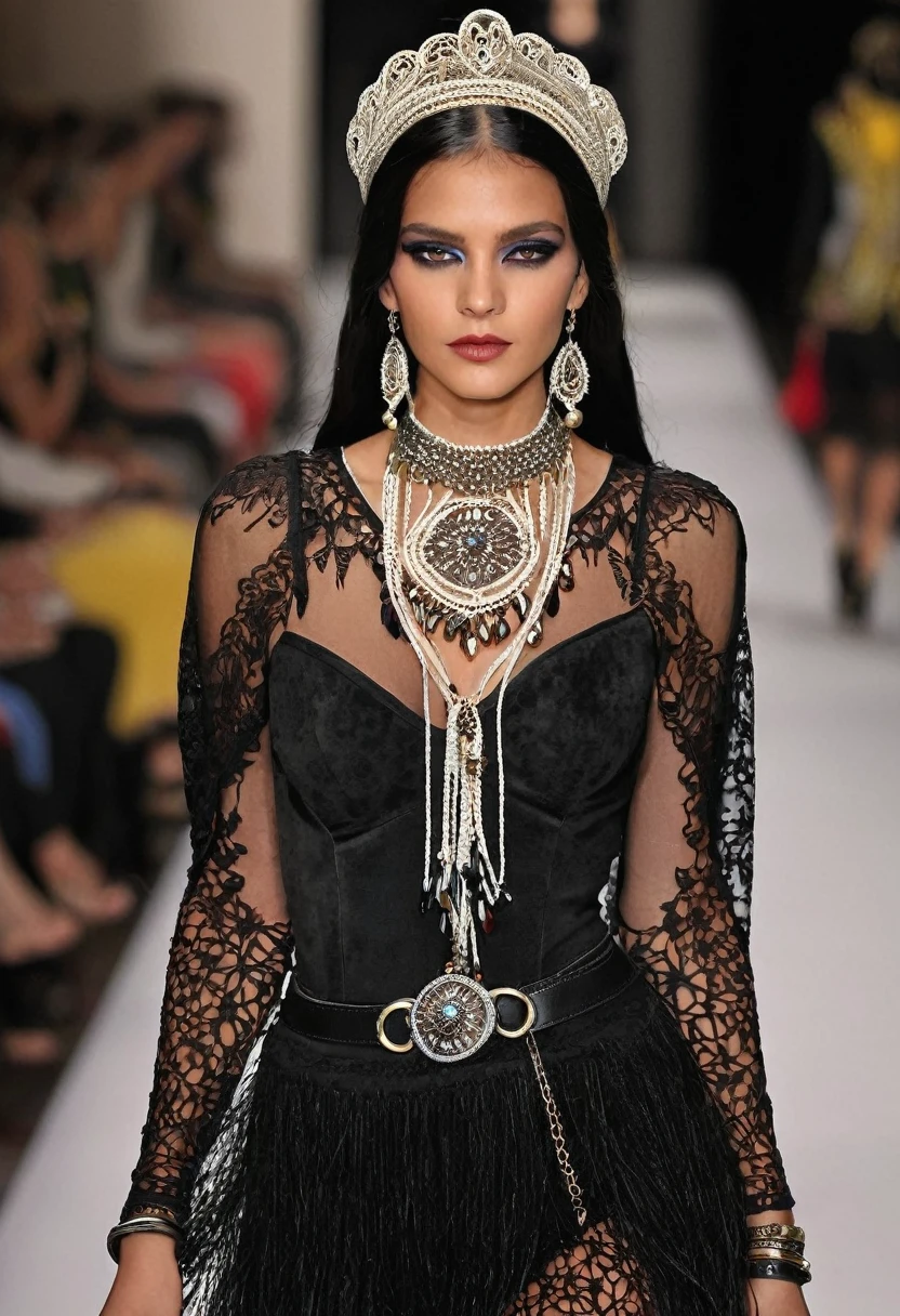 

### Paula: Soprano Voice
**Hair**: negro, long, with small braids decorated with indigenous beads and feathers.

**outfit**: 
Paula lleva vestidos longs de terciopelo negro, tight with lace corsets. Their dresses usually have long, flared sleeves and are adorned with fine embroidery of indigenous motifs.. He usually wears long velvet or silk capes with a hood., decorated with delicate embroidery.

**accessories**: 
Wear silver and dark metal necklaces with precious stones and indigenous motifs. It has leather bracelets with metallic details and large rings with dark stones.. Sometimes, she wears small tiaras or headbands with feathers and precious stones that complement her braids.

**shoes**: 
High leather boots with heels, decorated with buckles and lace or velvet details.

**make-up**: 
Smokey eyes in dark tones, silver and gold, with intense eyeliner and long eyelashes. Burgundy lips, black or deep red.
.

