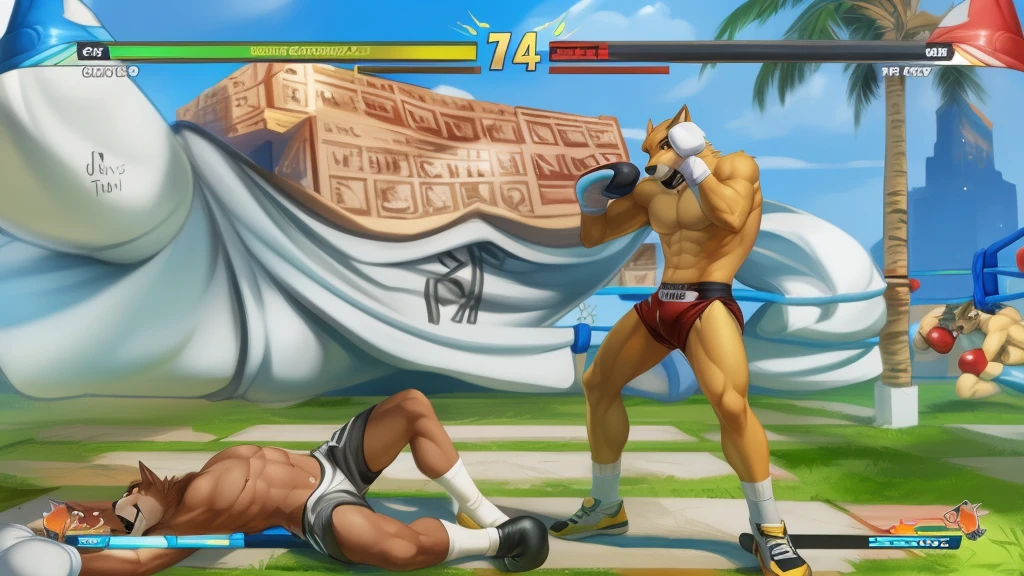 a detailed picture of a boxing match (male anthros, two boy), slim body, slim features, in a boxing ring, Ross Tran, ruan jia, trending on artstation, foxovh,User Interface of Fighting game, Crisis, assorted poses, assorted expression, full body, sound effects, motion blur, from side, ((yellow wolf, blue shorts, knocked out on the floor)), (((gray wolf, white shorts, boxing pose))) “VS” 