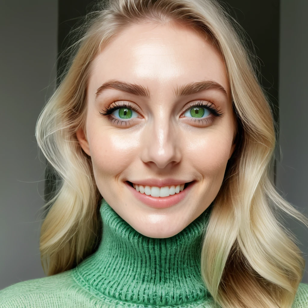 young woman hirsute hairy facial hair with beard, blonde long hair, light dream green eyes, wears a turtleneck sweater, happy to receive her minoxidil package
