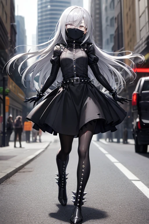 ((best quality)), ((masterpiece)), (detailed), 1 girl, Full body, 18 years old, Depressed face, Silver eyes, Arms outstretched, Arms behind waist, Metal covering her eyes, Eyes covered, Blushing, Silver hair, Bangs, Strand of hair covering her eye, Full body, Small breasts, Slim body, Grey hood, Metal spikes, Grey wristbands, Long black gloves with spikes, Grey goth outfit, Gothic lolita, Grey dress with metal spikes, Metal emblem, Somewhat tight, Black belt, Metal legs, Black pantyhose, Black boots, Walking through the city, Metal spikes sticking out of the road, City background, Anime