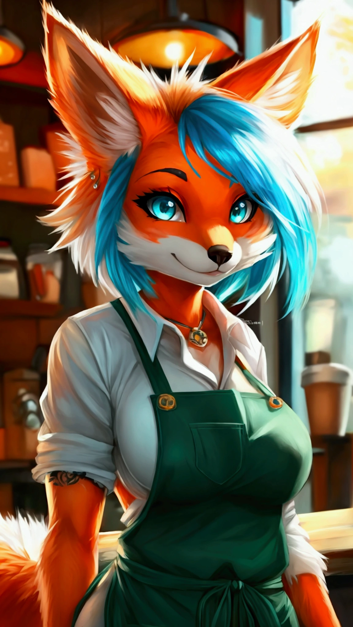 (anthro)) vixen/fox, by sana!rpg, Best Quality, masterpiece,, Illustration, Wallpaper,1girl in, Solo, orange fur, white hair, mohawk on one side, ,mohawk haircut, the end tips of hair are aqua blue, dot piercings 3 in 2 row down her snoot, multipule golden ear piercings , golden yellow eyes, glowing eyes, Beautiful detailed girl, extremely detailed eye and face, black dragon tattoo on her arm, tattoos, Beautiful detailed eyes, natural_Lighting, Looking at Viewer, Thick_thighs, big ass, tall, hourglass figure, female, cute, Starbuck, casher, barista, Starbucks apron, large breasts, natural breasts, tail, tall, happy expresion, wide hips thin waist, 8k