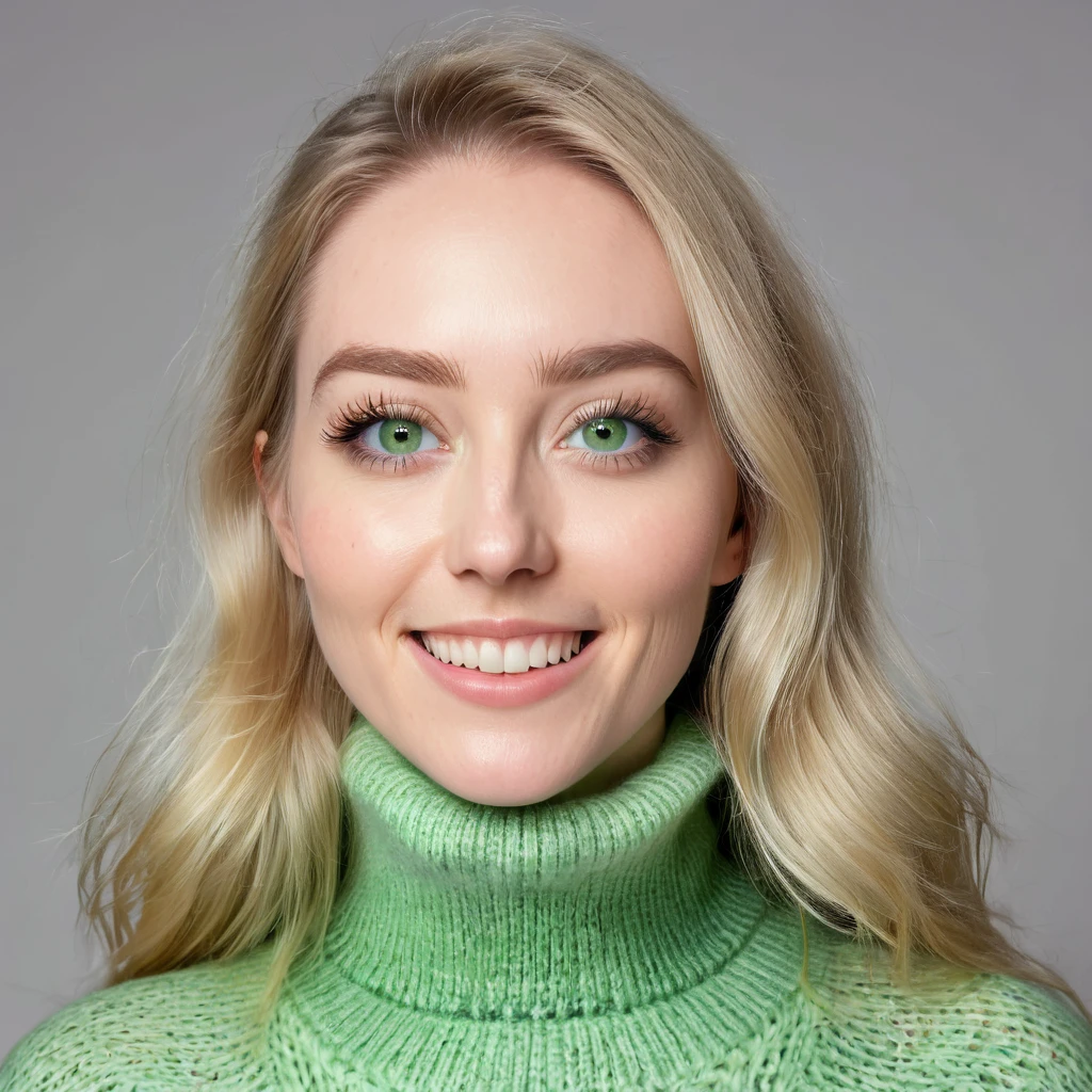 young woman hirsute hairy facial hair with beard, blonde long hair, light dream green eyes, wears a turtleneck sweater, happy to receive her minoxidil package