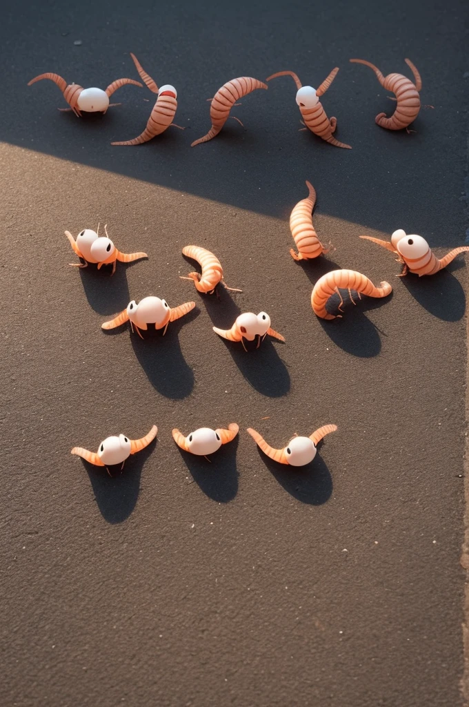 I want you to create cute worms in several different positions. standing, from sideways, transversal, bent, lying down. I want at least 7 worms, alone in each position to pair, of shadows.
