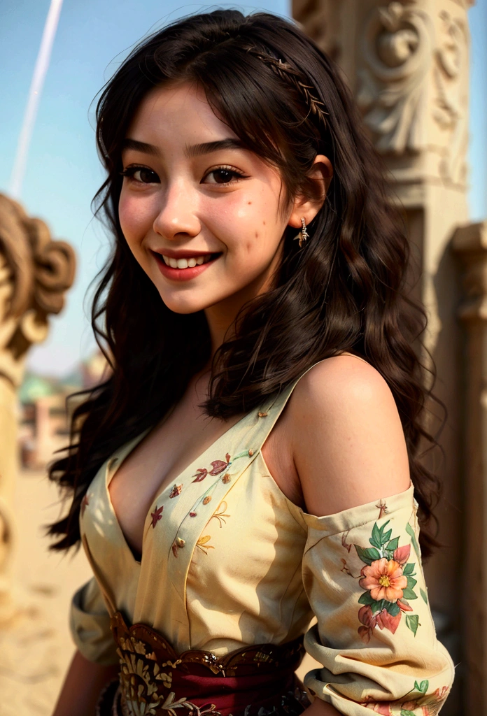 (Beautiful young woman_bright smile), one bear, highly detailed, realistic, masterpiece, highly detailed, illustration, 1 girl, high angle, messy long hair, highest quality, highly detailed CG Unity 8k wallpaper, ink , amazing, movie lighting, lens flare, Dunhuang style,