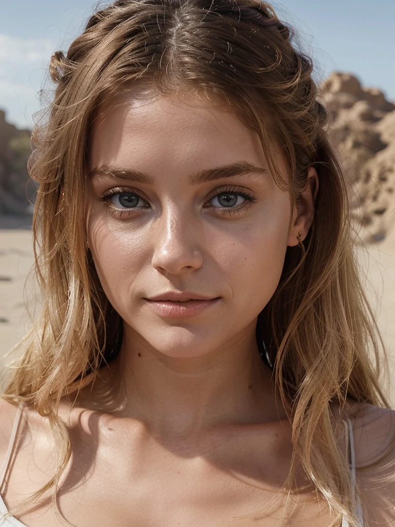 (best quality,realistic),feminine face,age 20,gray eyes,long golden blond wavy hair,moderately thick eyebrows,sharp jawline,tiny nose,heart shaped face,silky smooth skin,luminous complexion,vibrant glowing eyes,golden highlights in hair,endearing smile,natural beauty,graceful posture,gentle expression,dreamy atmosphere,soft natural lighting,subtle blush on cheeks,delicate facial features,elegant and classy style,subtle hint of sophistication,pure and innocent charm,color palette with warm tones and soft pastels. at a lake, in the water, nice ass, wearing bikini, SFW, brown hair, long hair