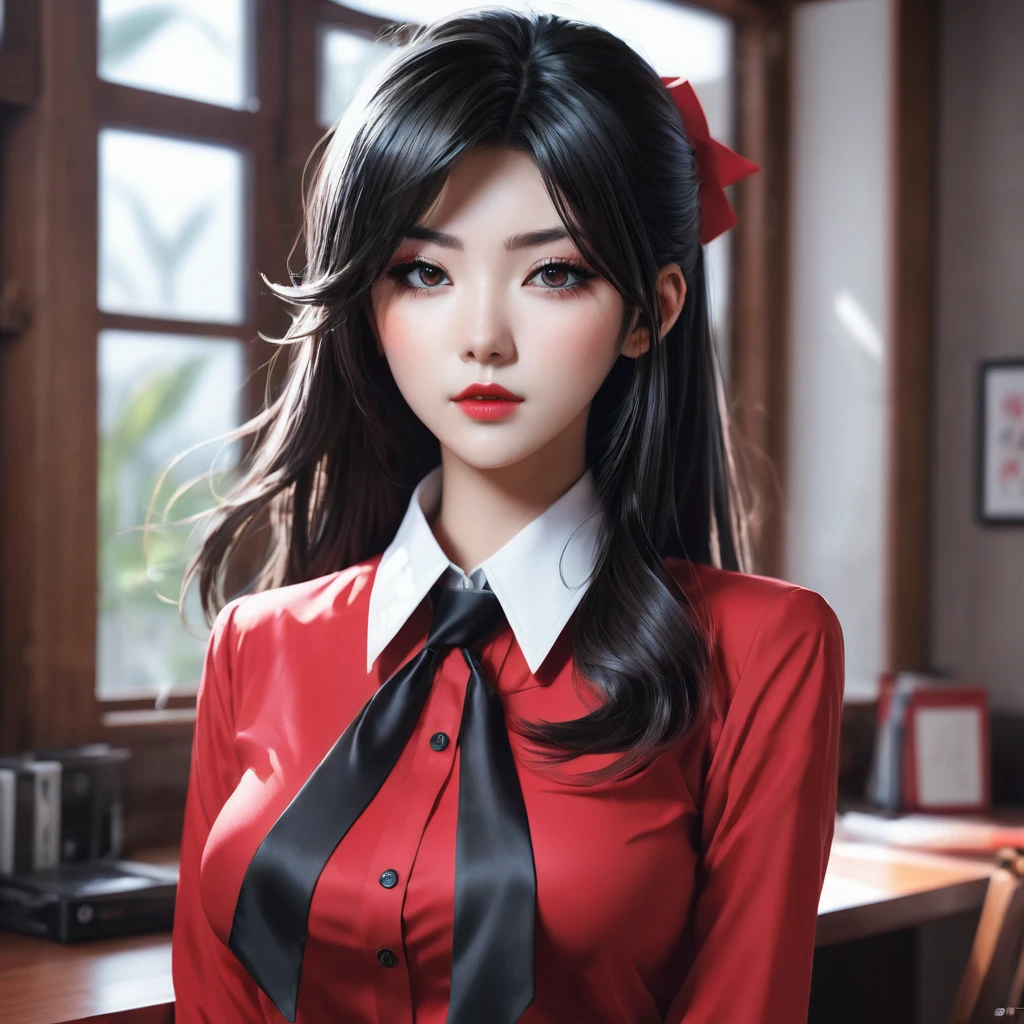 anime girl in red shirt and black tie posing for a picture, by Yang J, extremely detailed artgerm, rin tohsaka, artgerm jsc, artwork in the style of guweiz, beautiful digital artwork, artgerm. high detail, range murata and artgerm, style artgerm, ig model | artgerm