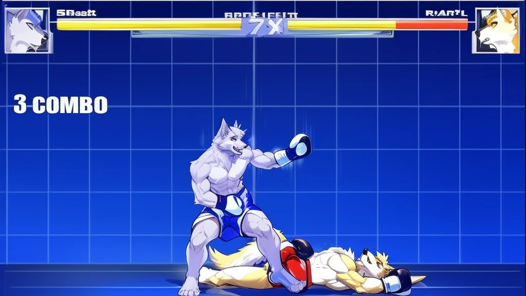 a detailed picture of a boxing match (male anthros, two boy), slim body, slim features, in a boxing ring, Ross Tran, ruan jia, trending on artstation, foxovh,User Interface of Fighting game, Crisis, assorted poses, assorted expression, full body, sound effects, motion blur, from side, ((yellow wolf, blue shorts, knocked out on the floor)), (((gray wolf, white shorts, boxing pose))) “VS”