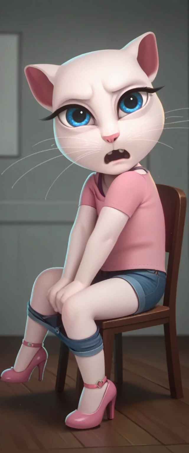 solo focus, a_la, 1girl, cat, white fur, long whiskers on both sides of her face, big bright blue eyes, big black eyelashes, pink nose, triangular ears with pink channels, high heels.short jeans pulled down. 1 girl and 1 boy human. side view.
The man is sitting on the chair. Woman sits on man's lap
anal screaming, lying, at home, looking back, big penis, 1 male rape, girl . Score_9, Score_8_up, Score_7_