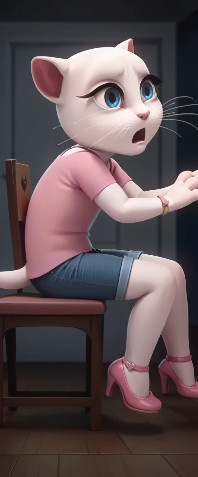 





solo focus, a_la, 1girl, cat, white fur, long whiskers on both sides of her face, big bright blue eyes, big black eyelashes, pink nose, triangular ears with pink channels, high heels.short jeans pulled down.     1 girl and 1 boy human.      side view.     

     The man is sitting on the chair.    Woman sits on man's lap

      anal screaming, lying, at home, looking back, big penis, 1 male rape, girl .       Score_9, Score_8_up, Score_7_