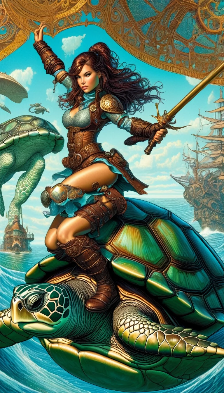 girl standing on top of a turtle, warrior girl, sexy, steampunk armor, riding a turtle, sea, magic, fantastic,background, (art inspired by Geoff Darrow, intricate details, oil painted )