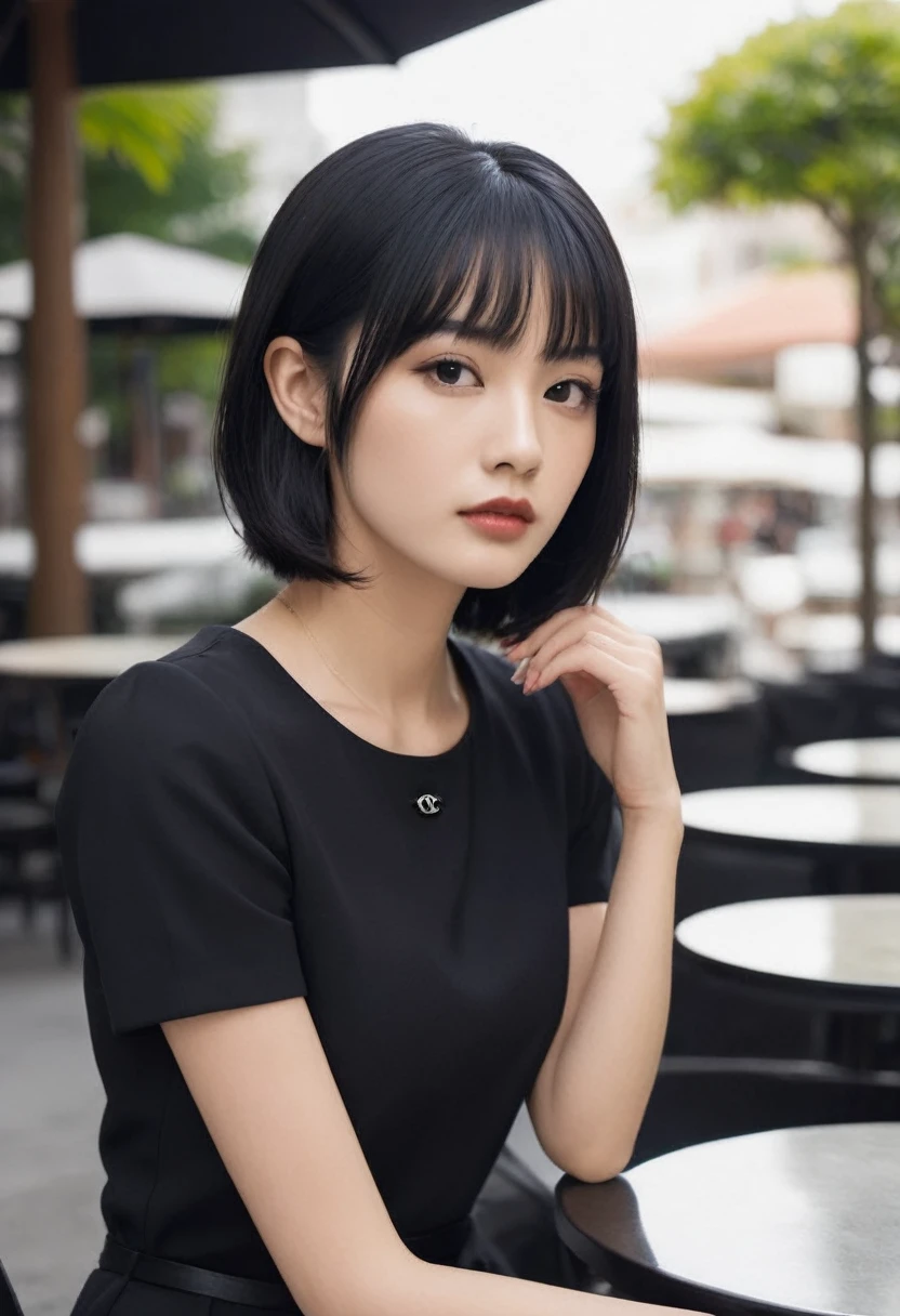 profile picture of a young woman in a black suit with black chanel hair, in a cafe landscape, with a relaxed pose