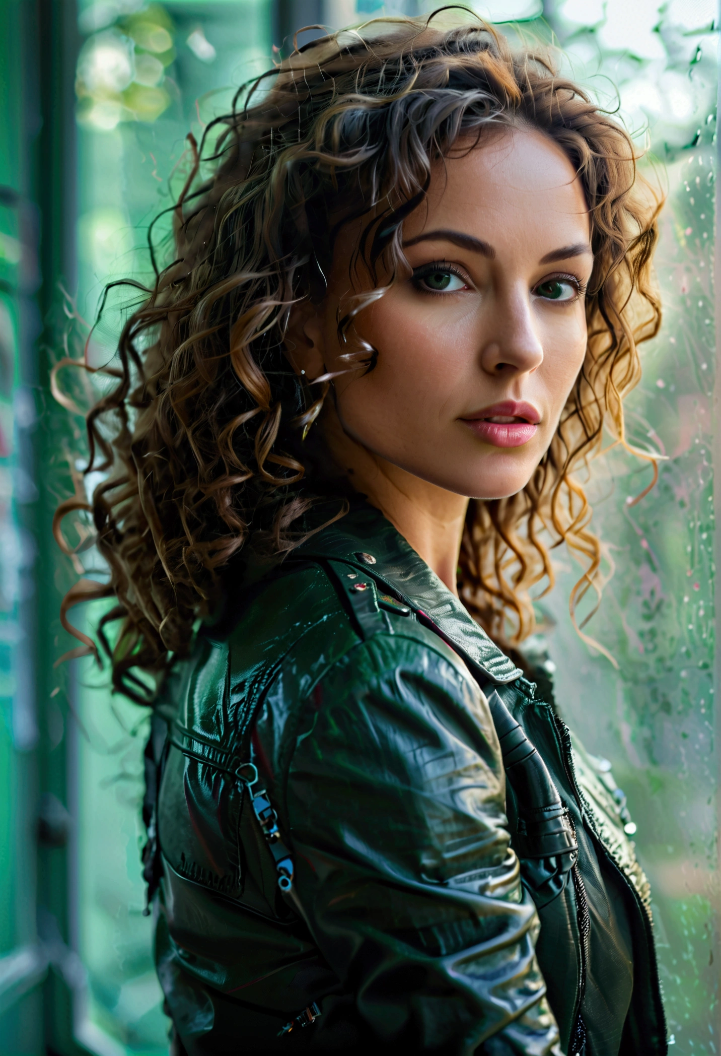 Beautiful 40 year old woman from side view with curly hair, attractive eyes, firm breasts, small waist detailed, thick and sexy legs, wearing leather jacket with leather skirt on a green background, foggy, humid, masterpiece of the Best quality, realistic, detailed photo. 8k, HDR, shallow depth field, wide light, high contrast. Backlight, light flare, chromatic aberration, sharp focus, RAW color photography, all very detailed.