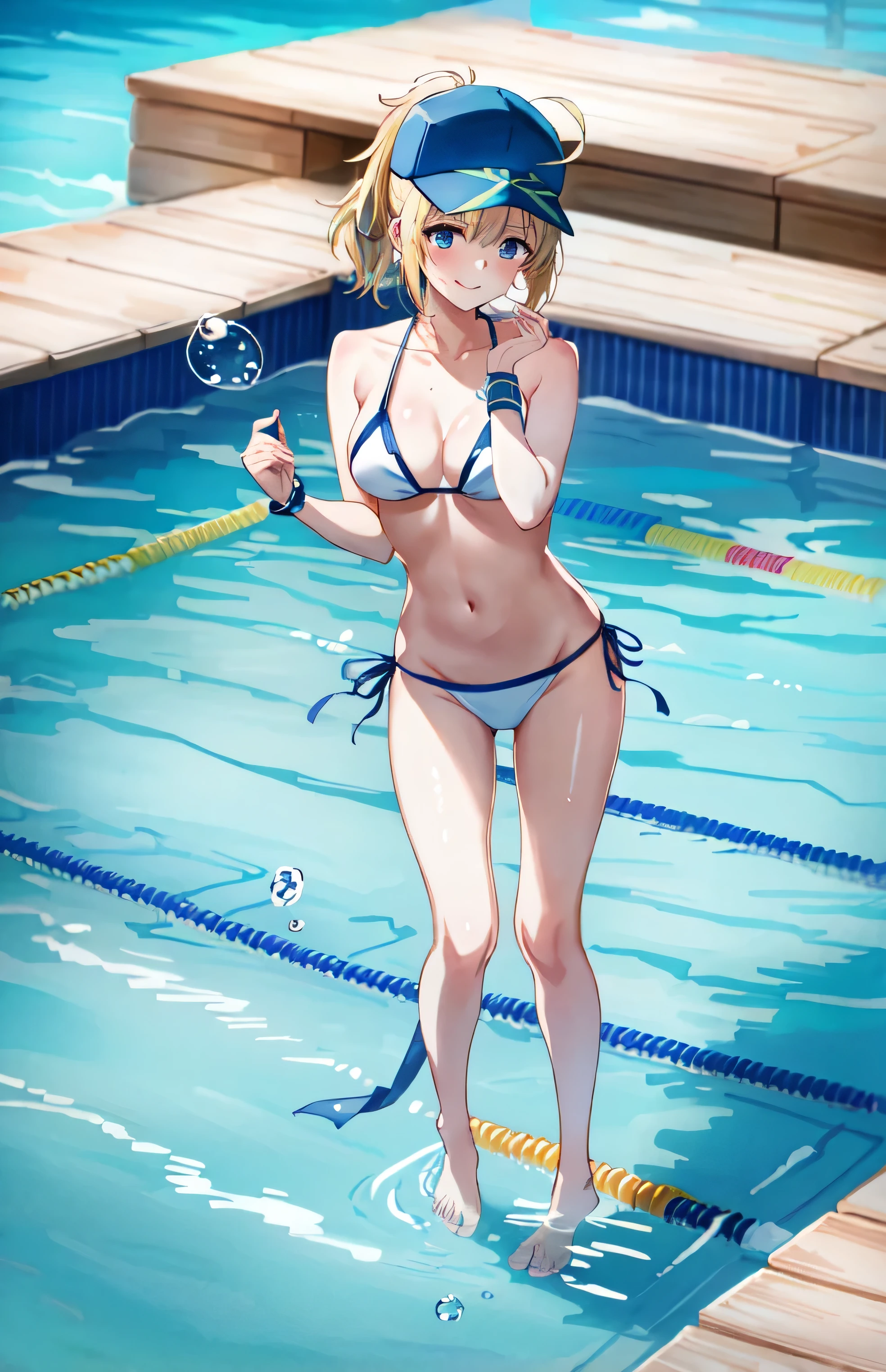 absurdres, best_quality, uhd, 5k, (masterpiece:1.4), (best quality:1.4), realistic, 1girl, smile, mysterious heroine xx \(fate\), ahoge, ((baseball cap)), blue headwear, hair through headwear, (white bikini), (medium breasts), (leg band), garter, (wristband), bare legs, barefoot, in a pool, water droplets, rambunctious, exciting, party, swimming pool, (((swimming, underwater))), submerged, air bubbles,