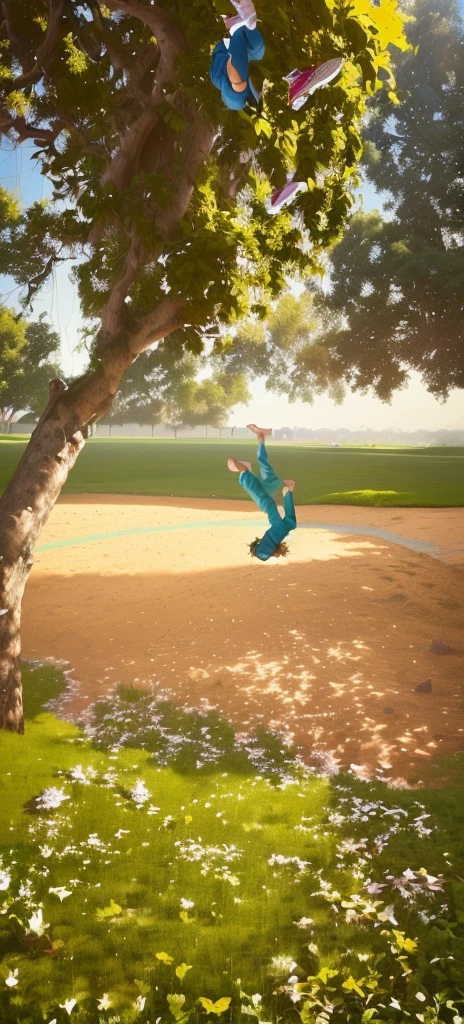 there is a man who is jumping in the air, camilo gc, doing a backflip, flying shot, levitating above the ground, Levitation, mid action swing, levitating, insane action pose, Jumping from the Babaob tree, jumping horizontally!!!, Throwing a straight ball, fun pose, instagram picture