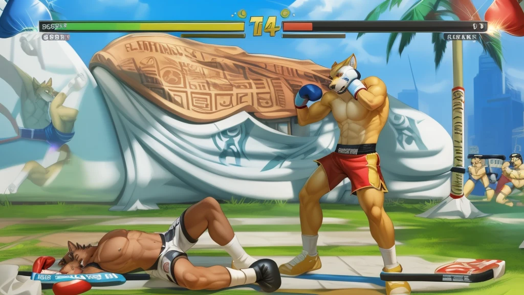 a detailed picture of a boxing match (male anthros, two boy), slim body, slim features, in a boxing ring, Ross Tran, ruan jia, trending on artstation, foxovh,User Interface of Fighting game, Crisis, assorted poses, assorted expression, full body, sound effects, motion blur, from side, ((yellow wolf, blue shorts, knocked out on the floor)), (((gray wolf, white shorts, boxing pose))) “VS” 