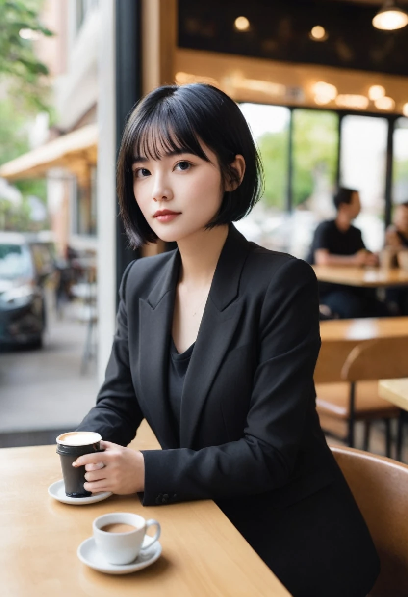 profile photo of young woman in black suit with black bob hair, in a coffee shop landscape, with a relaxed pose