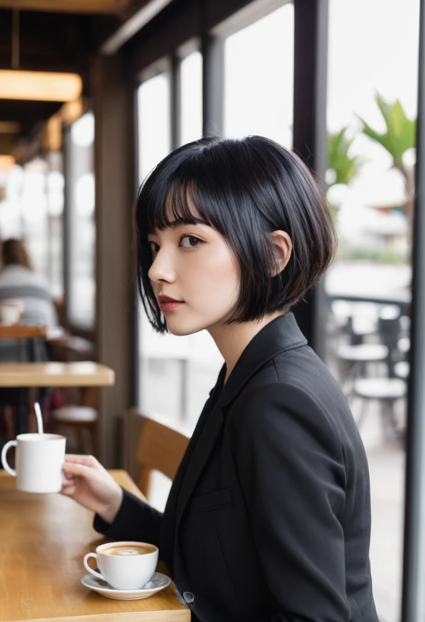 profile photo of young woman in black suit with black bob hair, in a coffee shop landscape, with a relaxed pose