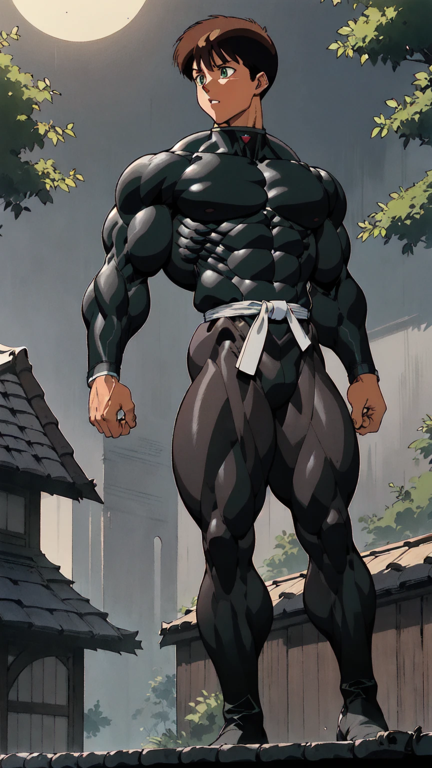 (athletic muscular body), {{{(((african american)))}}}, {{{((( (glossy) (smooth) ((dark brown skin)) )))}}}, (((pro wrestler))), (((kunoichi))), {{{(((19-year-old)))}}}, {{{(((young woman)))}}}, (((tomboy))), (((stoic))), (((bored))), (((emotionless))), (((wolflike))), ( (messy) (curly) (((long))) (dark mint green hair) ), (big intense (silver eyes) ), (small breasts), toned abs, {{{(((strong leg muscles)))}}}, toned biceps, toned forearms, toned deltoids, toned triceps, toned erector spinae, toned rhomboids, toned hamstring muscles, firm muscular glutes ,{{{(((strong back muscles)))}}}, (((thick muscular trapezius))), (((big muscular latissimus))), toned quadriceps, toned gastrocnemius, toned soleus, amazing ass, (((character wearing a (skintight long sleeve (brown with some gray) (fur bodysuit) ) ))), (knee pads), (fingerless gloves), (((combat boots))), {{{(((folding her arms)))}}}, {{{(((lush fantasy forest village)))}}}, {{{(((standing on a roof)))}}}, {{{(((great anatomy)))}}}, {{{(((high muscle mass)))}}},{{{(((well-trained muscles)))}}}, {{{(((well-toned muscles)))}}}, {{{(((best quality)))}}}, {{{(((masterpiece)))}}}, {{{(((wide shot)))}}}, {{{(((90s anime)))}}},