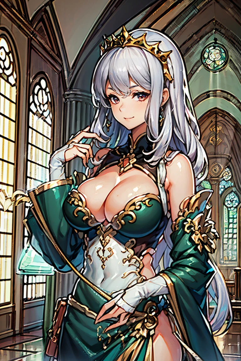 (masterpiece, best quality:1.2), 1girl, solo, tiara, silver hair, red eyes, cleavage, (30 years old) , woman, long hair, beautiful, masterwork, ultra high res, ultra detailed, super fine illustration, cg unity 8k wallpaper, perfect eyes, ultra detailed beautiful face, perfect hands, adult, 