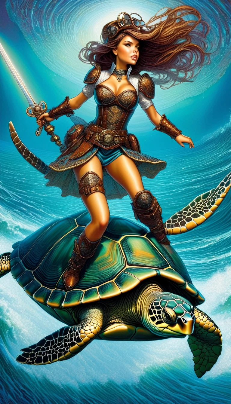 girl standing on top of a turtle, warrior girl, sexy, steampunk armor, riding a turtle, sea, magic, fantastic,background, (art inspired by Geoff Darrow, intricate details, oil painted )