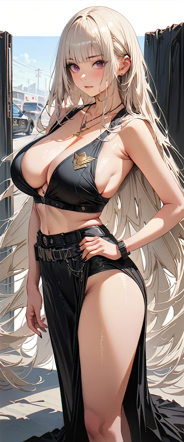 20 years old,1 mature woman,hyperrealistic, 8k, (extremely detailed 8k), (very delicate and beautiful), (masterpiece), (better quality:1.0), (ultra high resolution:1.0), (masterpiece, best quality),cute,white hair,model posing,white background,realistic skin,Combat Readiness,big breast,hime cut,black nail,extra long hair,police officer,full body