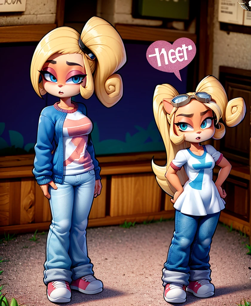 two girls, a blonde girl with green eyes, second redhead girl with blue eyes, with casual clothes
