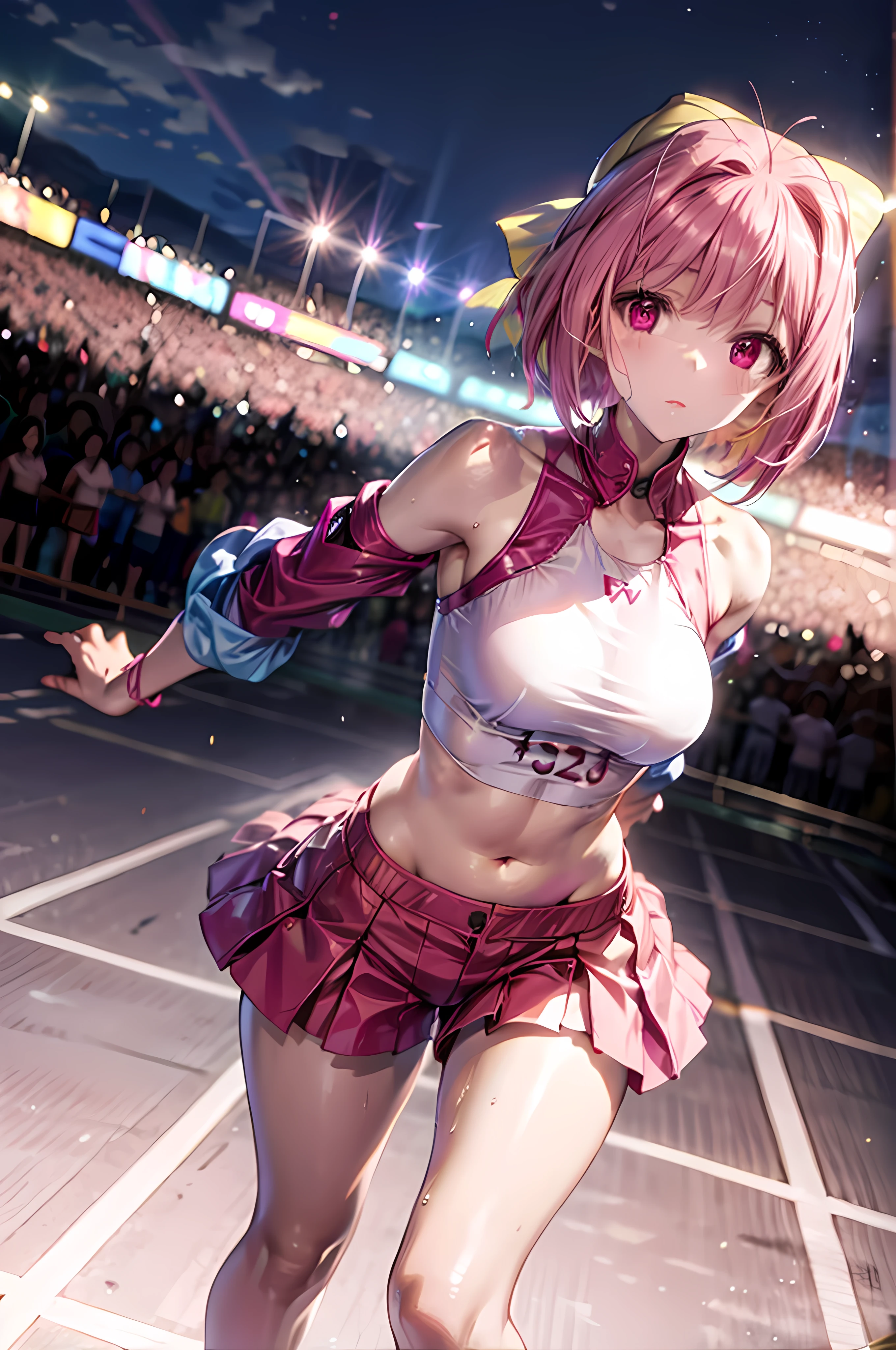 forward: Open Racing Jacket, Tight clothing, Face close-up, Thighs Thighs Thighs Thighs, Delicate girl, BREAK, (hmcanon:1.2, Kanon Nakagawa), (yellow hair bow:1.2), BREAK, Violet crop top, No sleeve, Violet sports bikini, Shiny肌, View your viewers, Teen, BREAK, ピクシーshort hairスタイル, Bright pink hair, short hair, Long eyelashes、eye shadow(Digital Animation:0.8), (Edge lighting, Best details, Very detailed, Ultra-detailed, In detail:0.8), [:Detailed face and eyes:10], (Fresh pink eyes:1.2), BREAK, Cosplayers, (Perfect Anatomy), Random Pause, Race Queen, Uniform with logo, Exquisite beauty, Beautiful Face, Slim model body type, Beautiful breasts, Shiny, Beautiful feet, wet Shiny body, (((Dark brown skin beauty))), neon, A large number of people, audience, Aurora Vision, Huge stadium, Drag Racing, Racing Circuit, Racing Car, Lower school year, A large number of people, audience, audience, audience, A large number of people, Camera flash, Laser beam, 