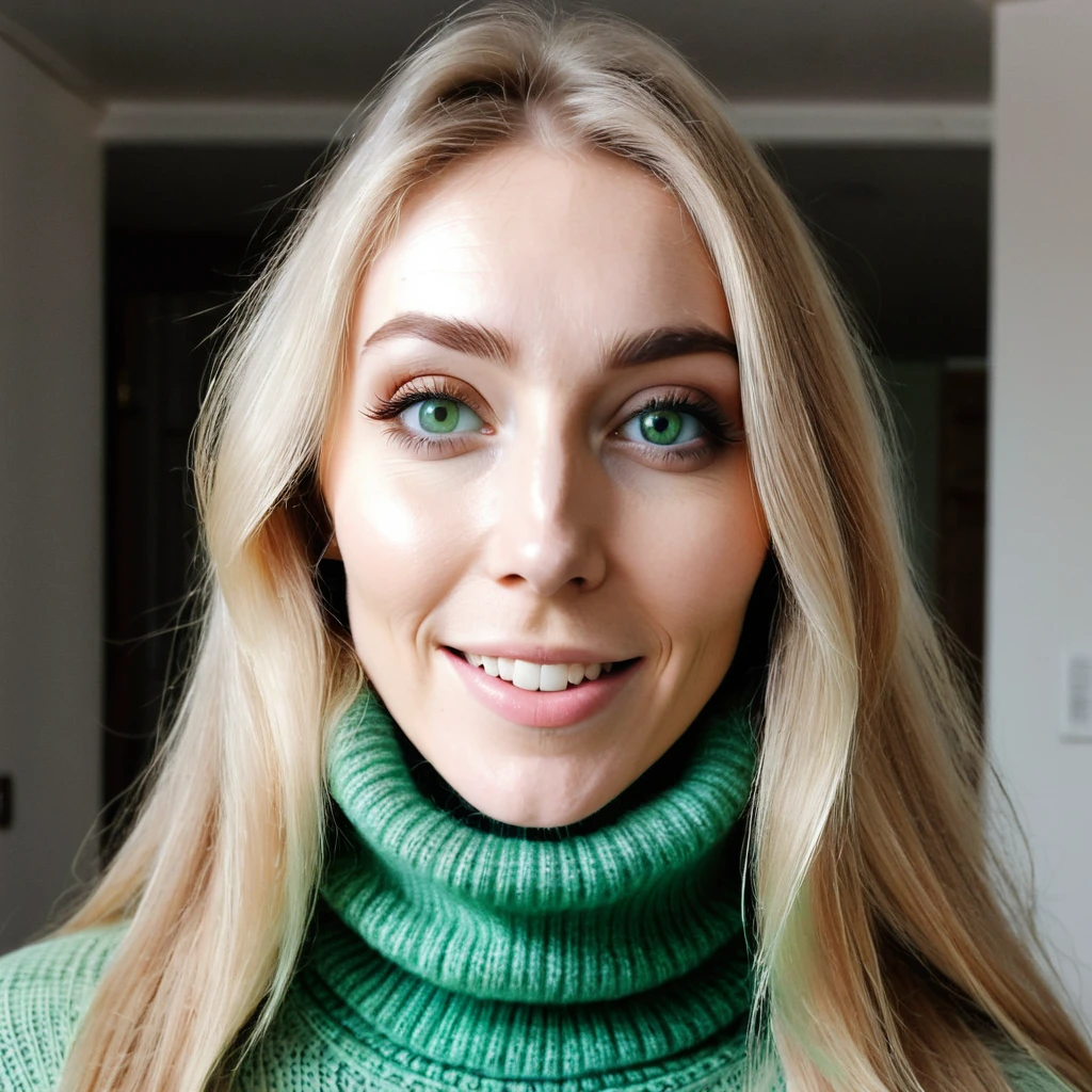 shaggy bearded woman with huge beard, blonde long hair, light dream green eyes, skinny anorexic wears a turtleneck sweater, happy to receive her minoxidil package