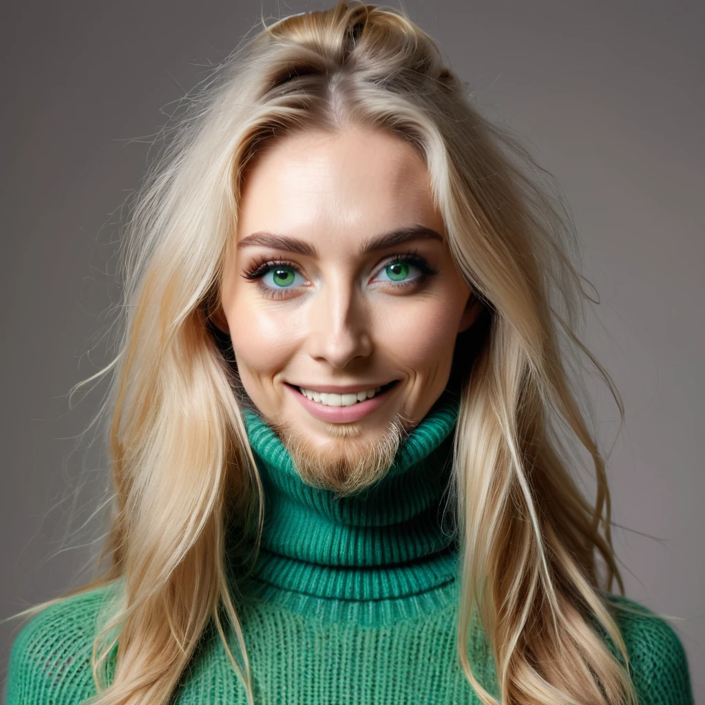 shaggy bearded woman with huge beard, blonde long hair, light dream green eyes, skinny anorexic wears a turtleneck sweater, happy to receive her minoxidil package