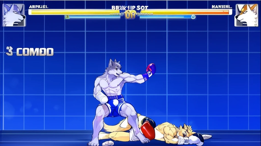 a detailed picture of a boxing match (male anthros, two boy), slim body, slim features, in a boxing ring, Ross Tran, ruan jia, trending on artstation, foxovh,User Interface of Fighting game, Crisis, assorted poses, assorted expression, full body, sound effects, motion blur, from side, ((yellow wolf, blue shorts, knocked out on the floor)), (((gray wolf, white shorts, boxing pose))) “VS”