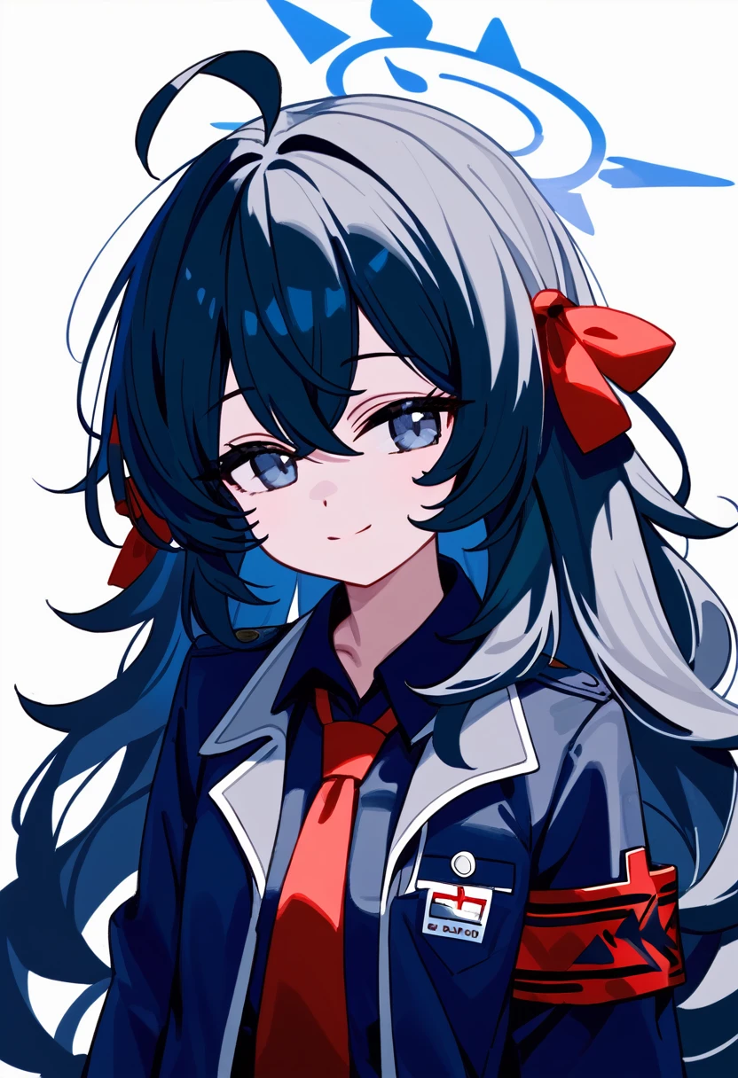 masterpiece, (check_9, check_8_up, check_7_up), 1 girl, Iroha_\(blue_archive\), 1 girl, black hair, long hair, dirty hair, blue eyes, small smile, inexpressive, long_sleeves, ahoge, Red tie, black shirt, red armband, collared shirt, blue halo, black skirt, black raincoat, upper body, portrait, hands at sides, head tilt, White background, masterpiece, Best quality