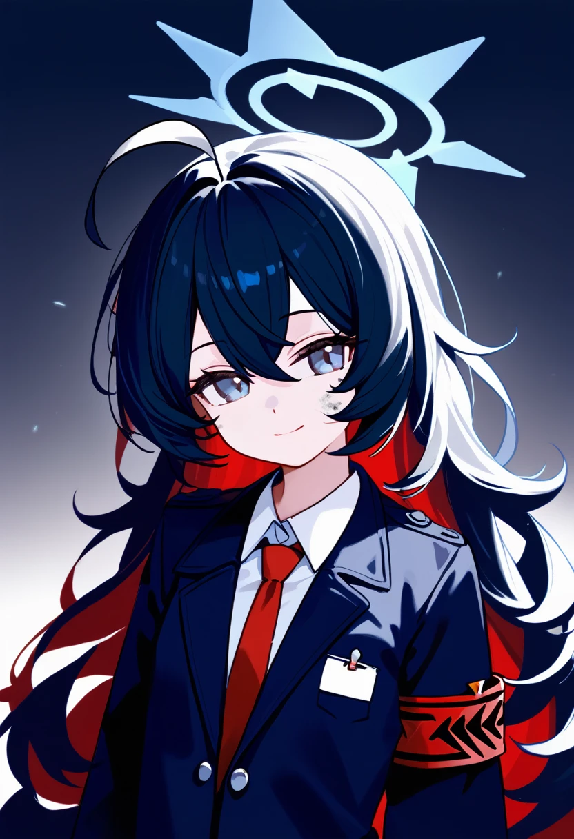 masterpiece, (check_9, check_8_up, check_7_up), 1 girl, Iroha_\(blue_archive\), 1 girl, black hair, long hair, dirty hair, blue eyes, small smile, inexpressive, long_sleeves, ahoge, Red tie, black shirt, red armband, collared shirt, blue halo, black skirt, black raincoat, upper body, portrait, hands at sides, head tilt, White background, masterpiece, Best quality