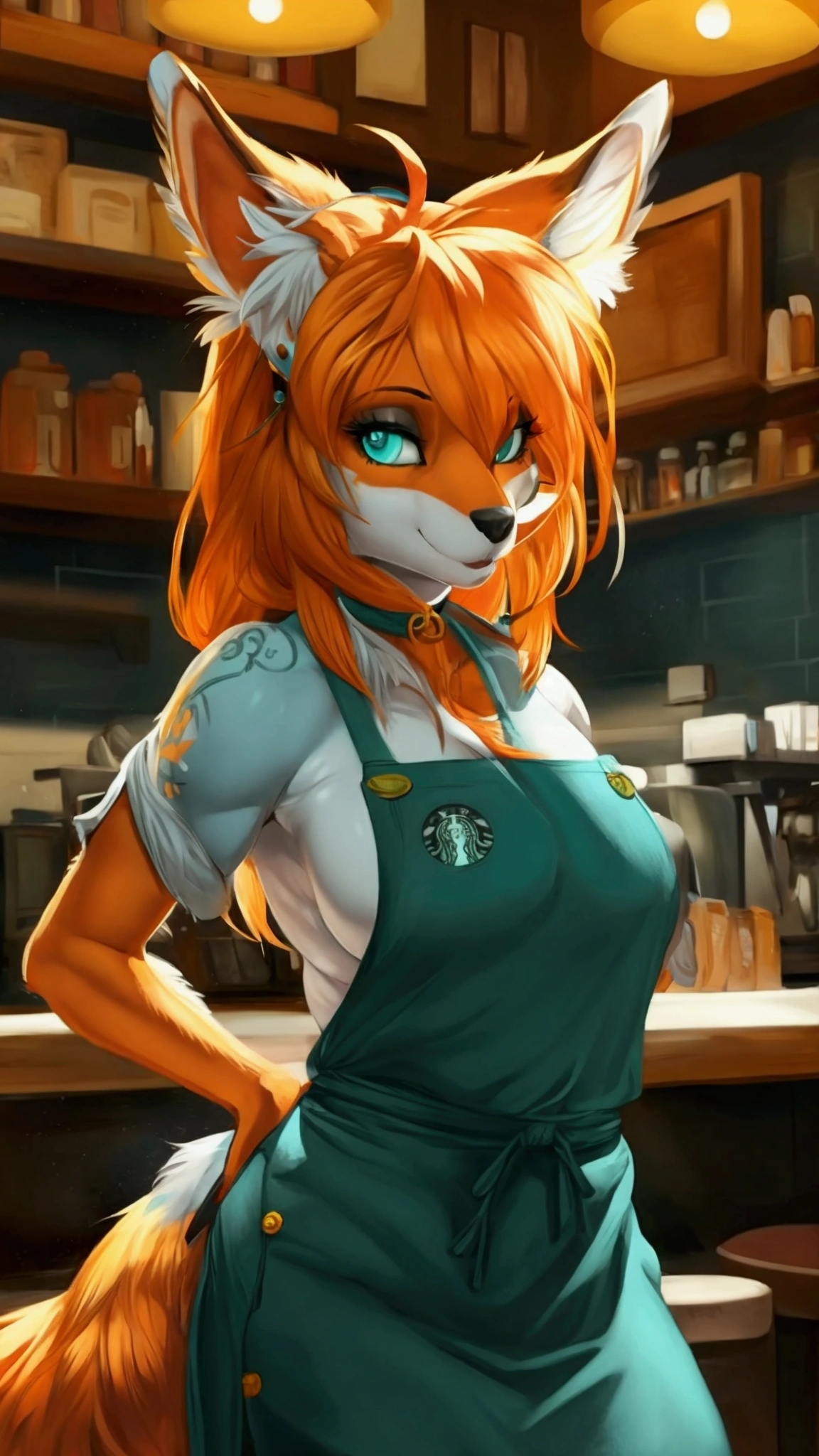 (anthro)) vixen/fox, by cervina_7, Best Quality, masterpiece,, Illustration, Wallpaper,1girl in, Solo, orange fur, white hair, mohawk on one side, ,mohawk haircut, the end tips of hair are aqua blue, dot piercings 3 in 2 row down her snoot, multipule golden ear piercings , golden yellow eyes, glowing eyes, Beautiful detailed girl, extremely detailed eye and face, black dragon tattoo on her arm, tattoos, Beautiful detailed eyes, natural_Lighting, Looking at Viewer, Thick_thighs, big ass, tall, hourglass figure, female, cute, Starbuck, casher, barista, Starbucks apron, large breasts, natural breasts, tail, tall, happy expresion, wide hips thin waist, 8k