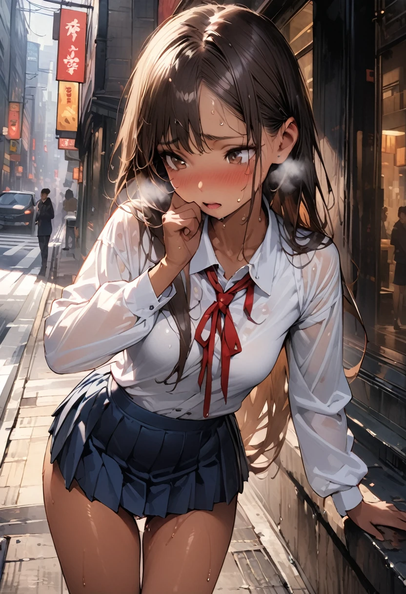 ((masterpiece,Highest quality:1.3,best quality illustration,realistic:1.5)),cowboy shot,独奏,1woman,(、Japanese Beauty)、brown hair,long hair,(center parted bangs),brown eyes,gorgeous eyes,((very small head:1.3)),shy,Heavy breathing,((very long body:1.2,skinny)),medium breasts,(tan skin:1.3),(Red ribbon tie、White collared shirt、Long sleeve navy blue pleated mini skirt),gleaming skin,toned body,slender body、Wet crotch、sweat,on street,Shibuya、Modern Tokyo、