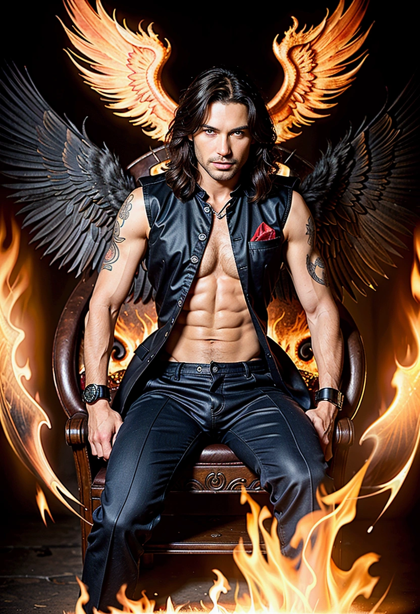 (8K, Best Quality, masutepiece:), Lucifer Morningstar, brunette male english male angel, mischievous grin, Fiery wings, devil, Fallen Angel, Flames in the background, Details, Dark suit, Club Theme, 1:1 Ratio, Sit on the throne and drink whiskey, Details, Realistic