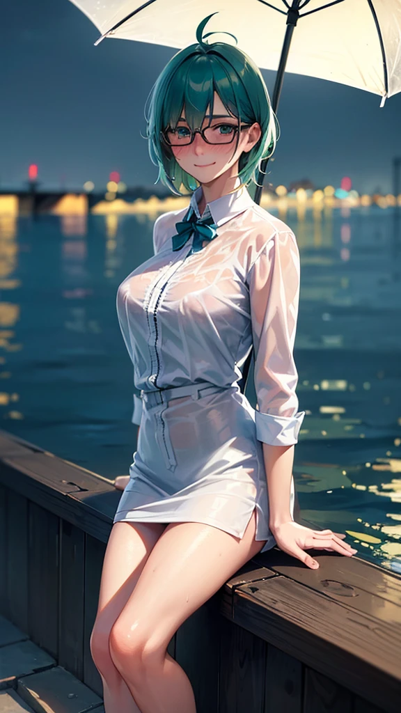 (8k, best quality, masterpiece:1.2), (realistic, photo-realistic:1.37), ultra-detailed,1girl, solo, 53 years old, milf, teal and green hair, messy hair, asymmetrical hair, ahoge, very short hair, aqua eyes, medium breasts, pale skin, glasses,beautiful detailed sky,detailed cafe,night,sitting,dating,(nose blush),(smile:1.15),(closed mouth) ,beautiful detailed eyes,(shirt:1.1), night, wet, rain,white lace,((full body)),stand, sexy, cute