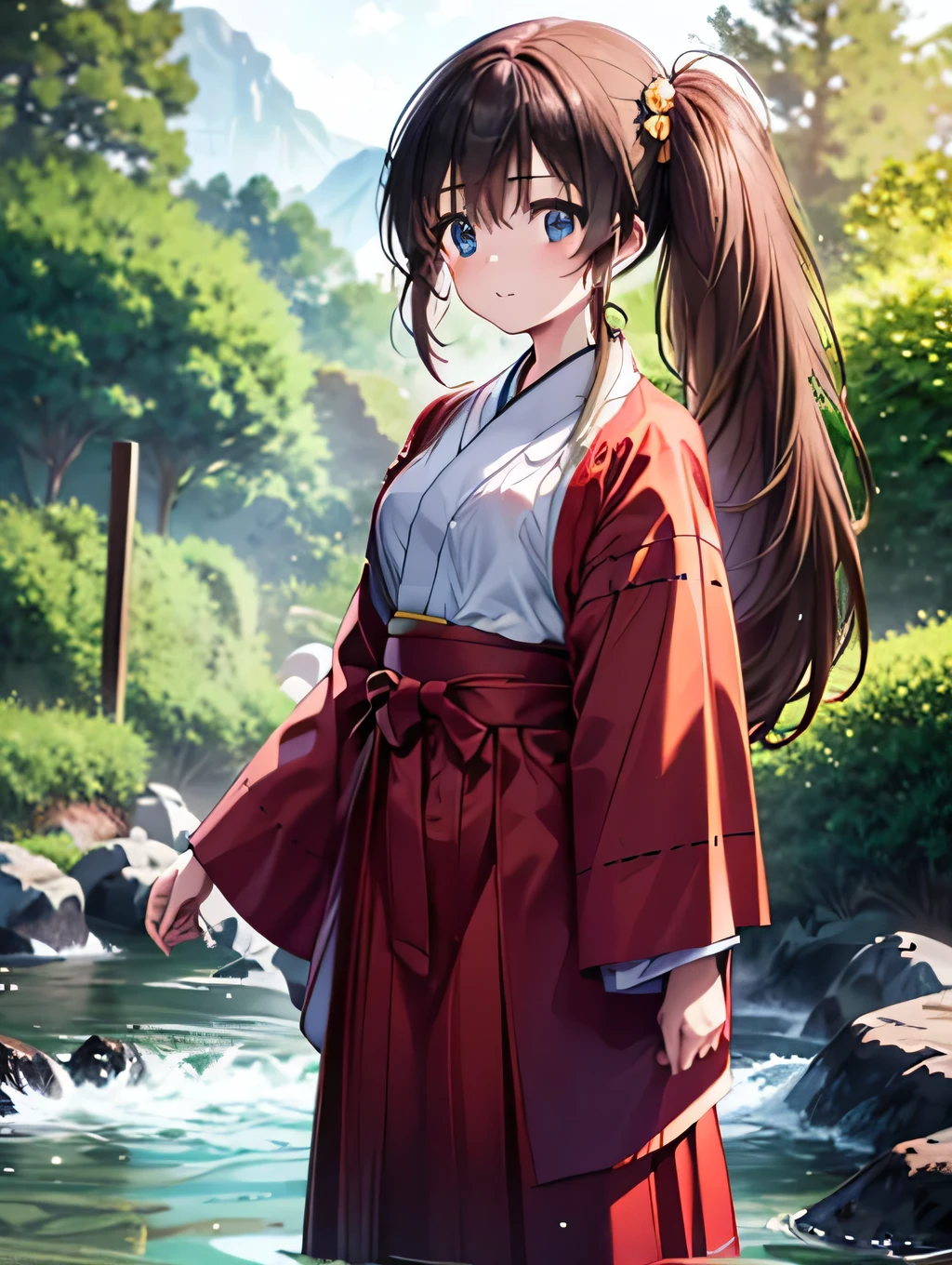 super high quality, Tomochika Dannoura, (brown hair, colorful hair, long hair, blue eyes, long hair, japanese_clothes, solo, nature, 1 girl, outdoors, standing, forest, view_at_viewer, water, blurry, male_focus, trees, wide_sleeves,  hakama , blur_foreground, water_drop, kimono, stone, long_sleeve, depth_of_field, black_hair, 8K, super detailed, super detailed background